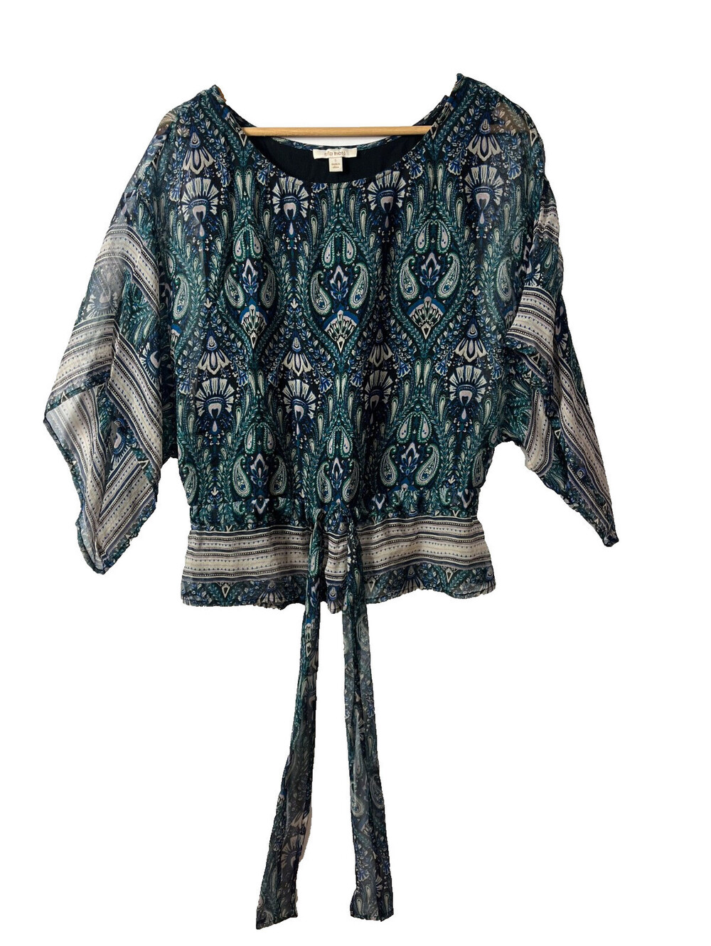 Ella Moss 100% Silk Boho Paisley Kimono Sleeve Blouse Tie Waist Women's S